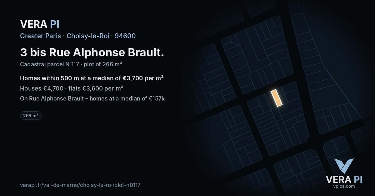 3 bis Rue Alphonse Brault, Choisy-le-Roi at night – the plot lit, the parcels around coloured by the prices near them