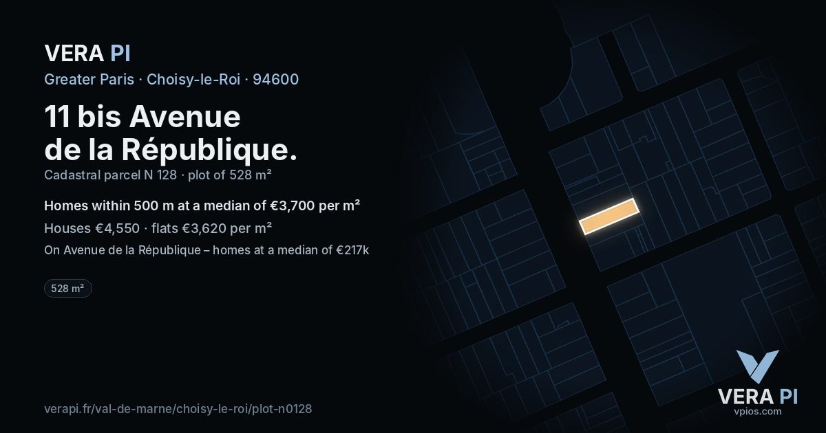 11 bis Avenue de la République, Choisy-le-Roi at night – the plot lit, the parcels around coloured by the prices near them