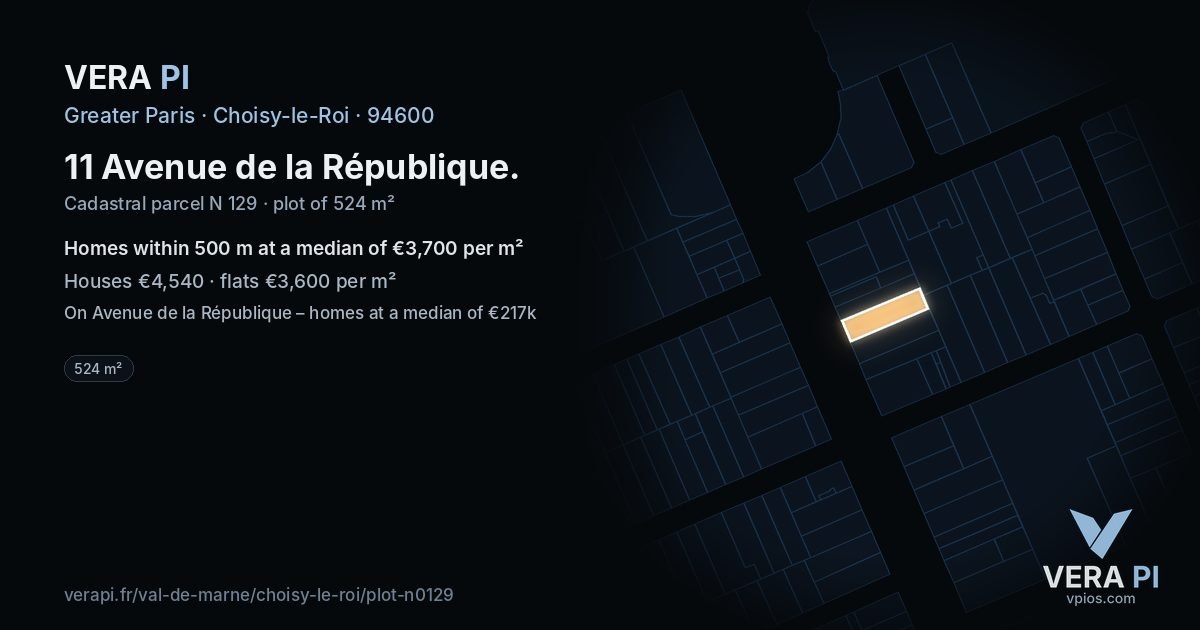 11 Avenue de la République, Choisy-le-Roi at night – the plot lit, the parcels around coloured by the prices near them