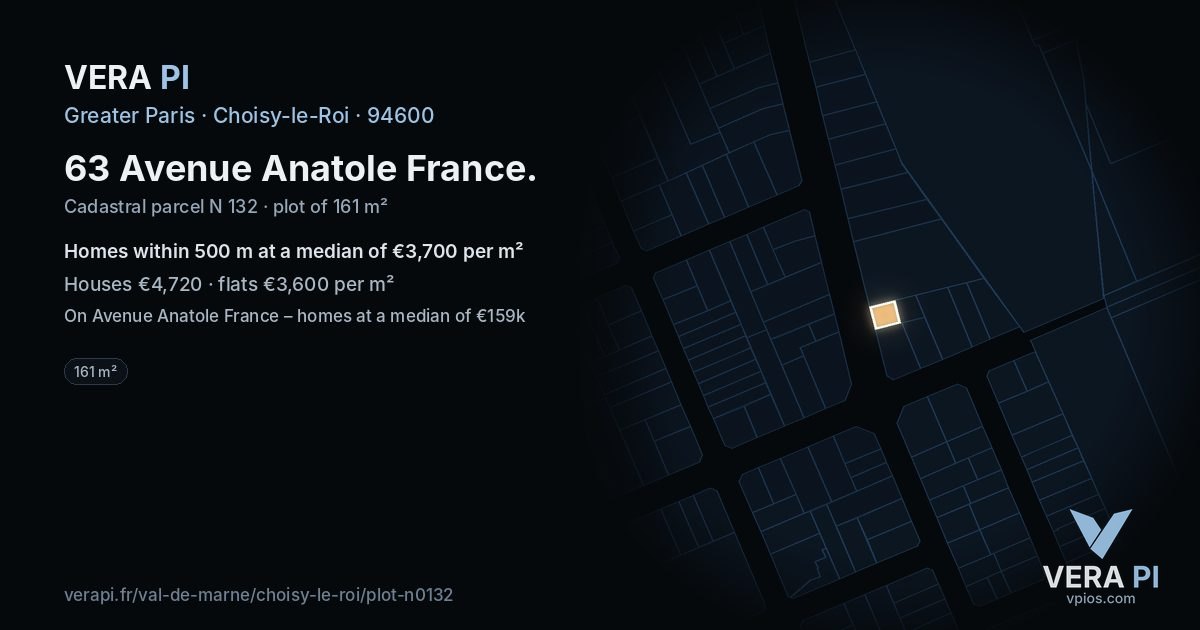 63 Avenue Anatole France, Choisy-le-Roi at night – the plot lit, the parcels around coloured by the prices near them