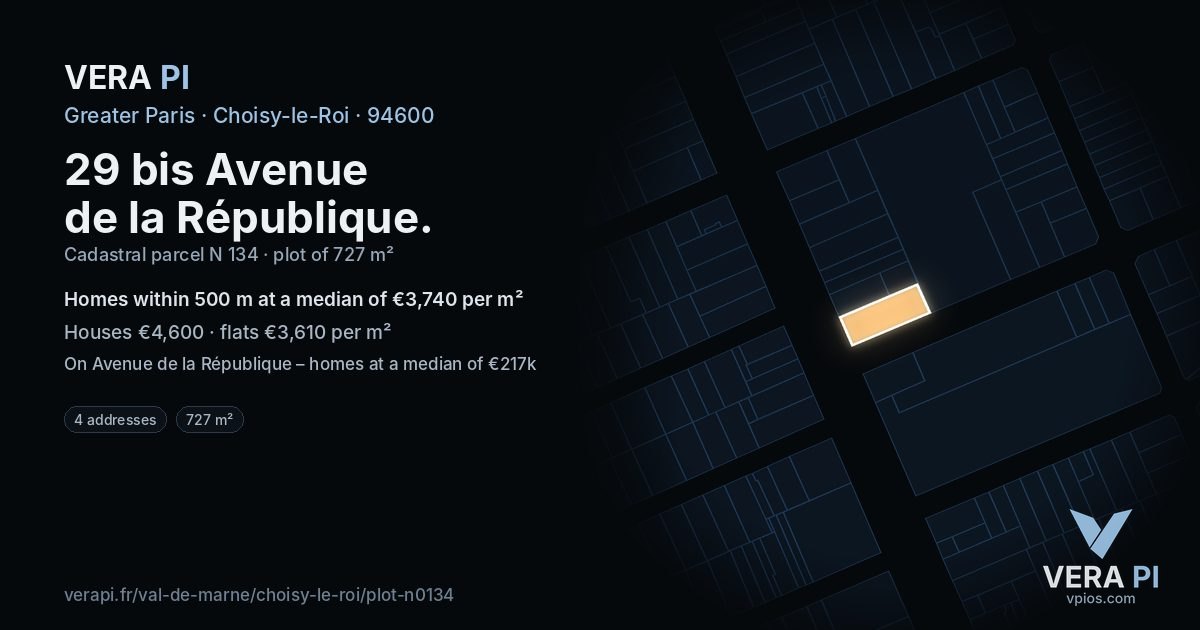 29 bis Avenue de la République, Choisy-le-Roi at night – the plot lit, the parcels around coloured by the prices near them