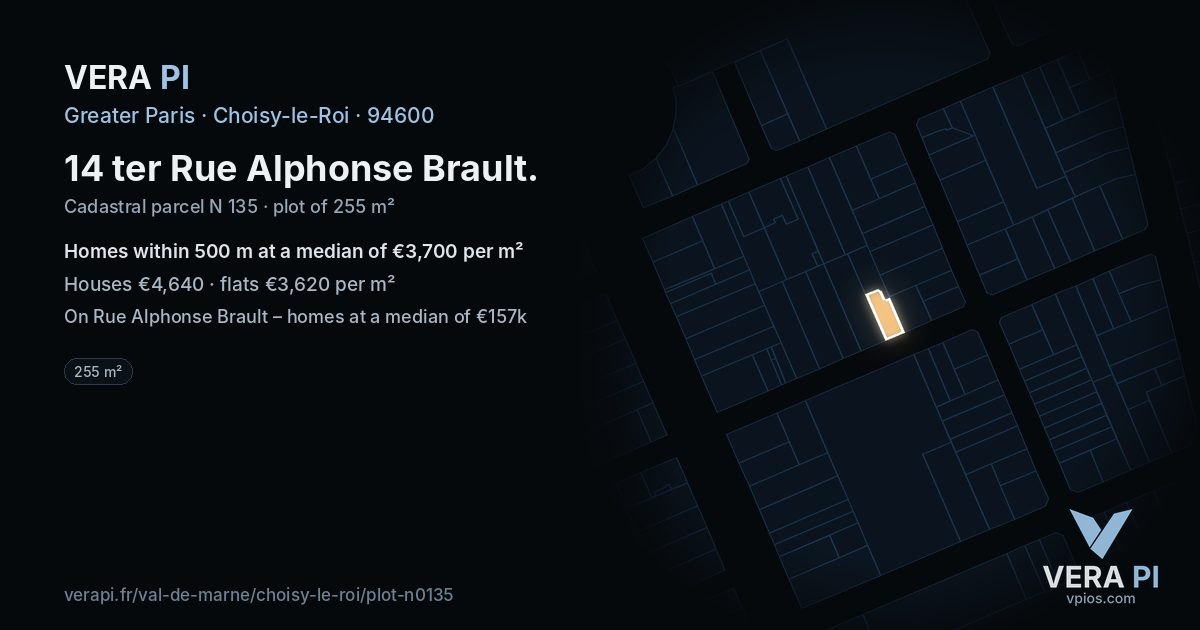 14 ter Rue Alphonse Brault, Choisy-le-Roi at night – the plot lit, the parcels around coloured by the prices near them