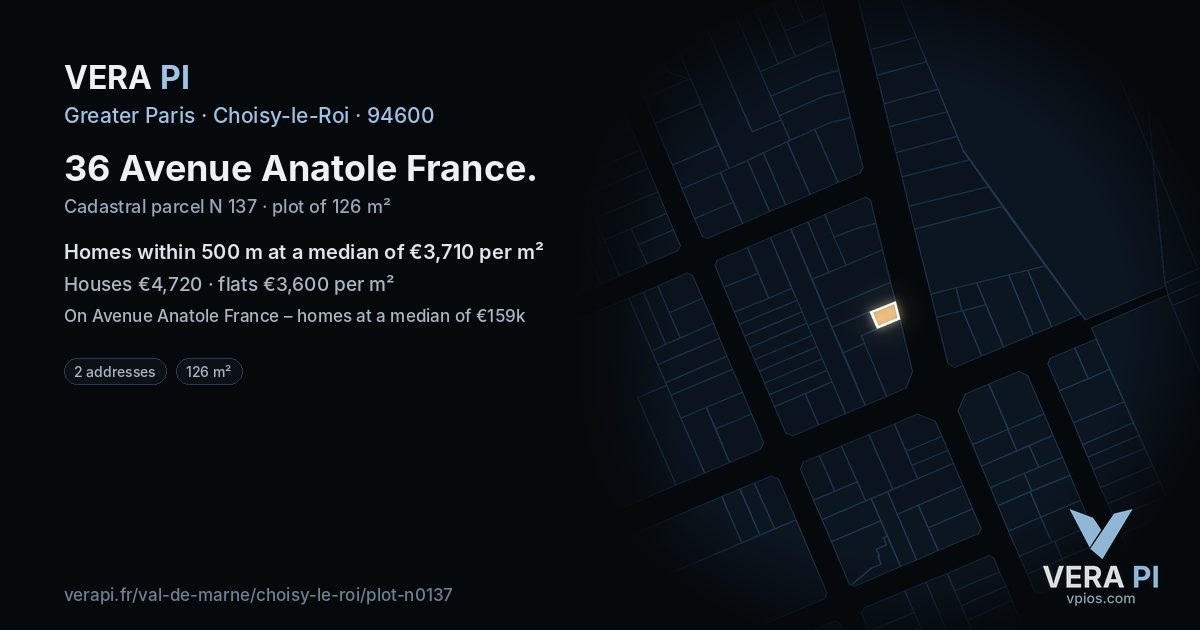 36 Avenue Anatole France, Choisy-le-Roi at night – the plot lit, the parcels around coloured by the prices near them