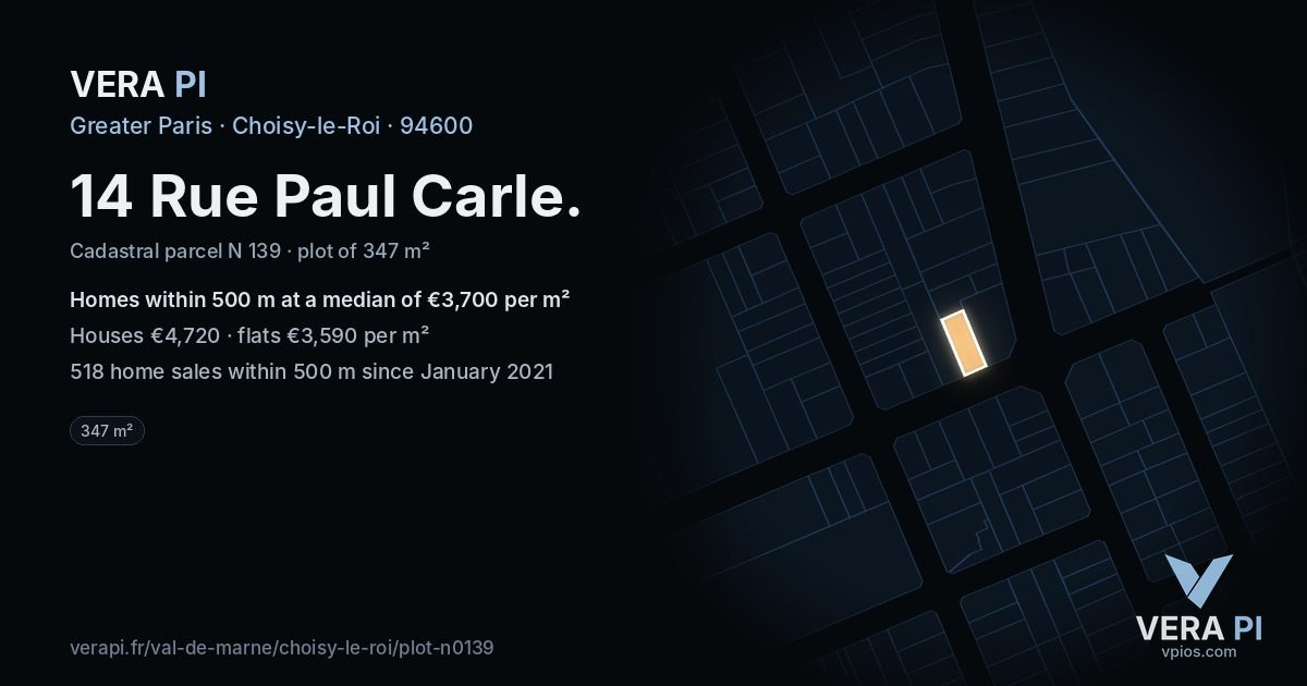14 Rue Paul Carle, Choisy-le-Roi at night – the plot lit, the parcels around coloured by the prices near them