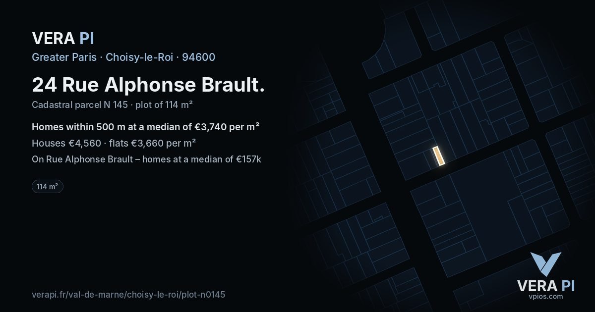24 Rue Alphonse Brault, Choisy-le-Roi at night – the plot lit, the parcels around coloured by the prices near them
