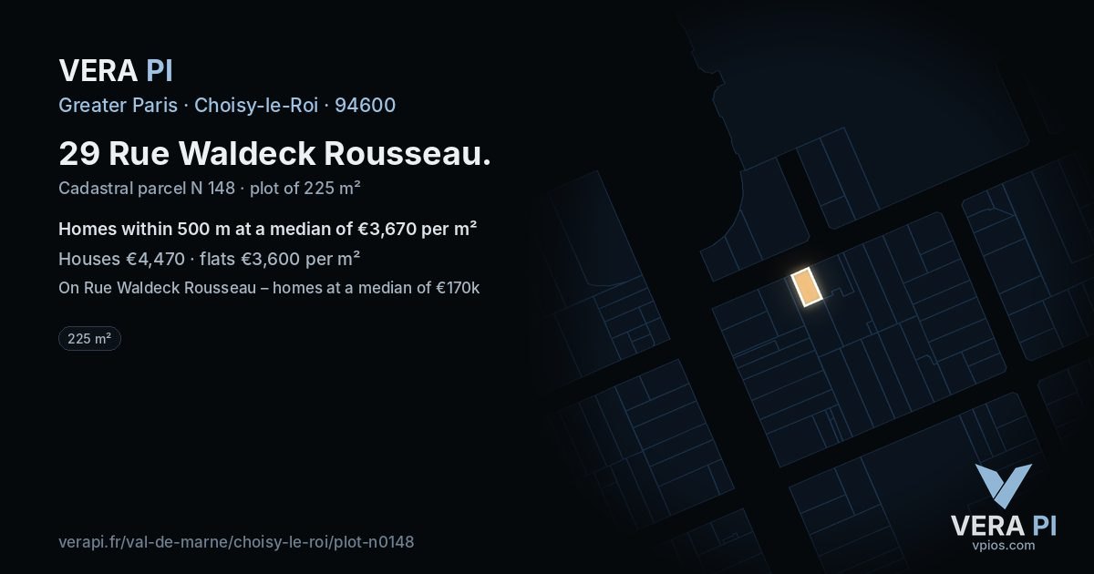 29 Rue Waldeck Rousseau, Choisy-le-Roi at night – the plot lit, the parcels around coloured by the prices near them