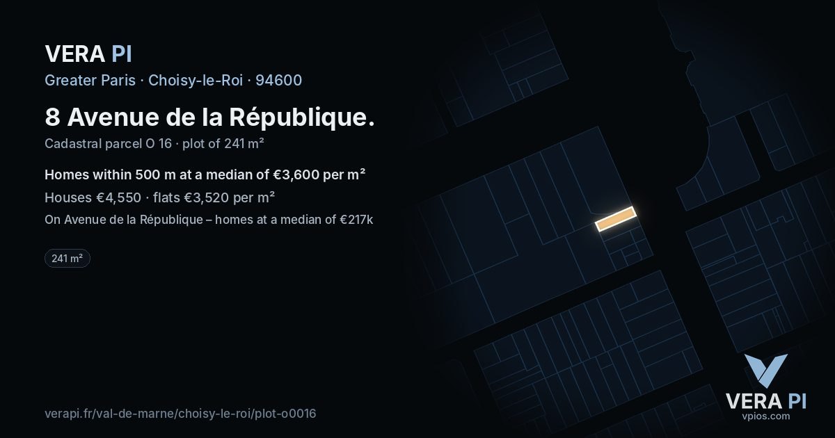 8 Avenue de la République, Choisy-le-Roi at night – the plot lit, the parcels around coloured by the prices near them