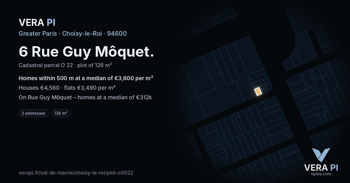 6 Rue Guy Môquet, Choisy-le-Roi at night – the plot lit, the parcels around coloured by the prices near them