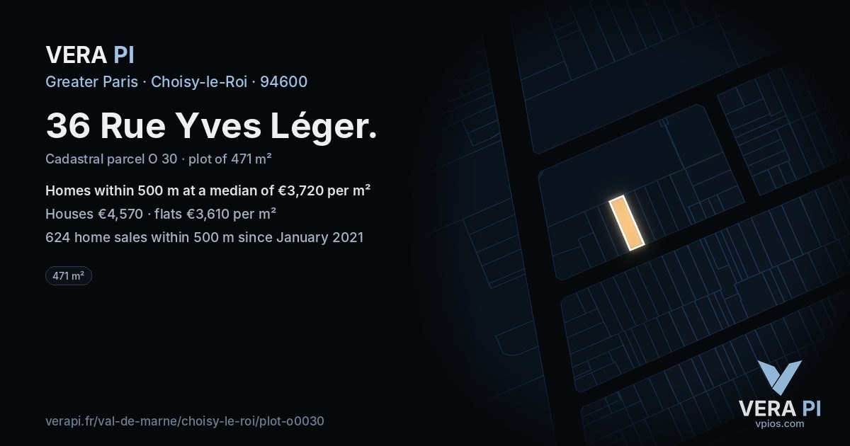 36 Rue Yves Léger, Choisy-le-Roi at night – the plot lit, the parcels around coloured by the prices near them