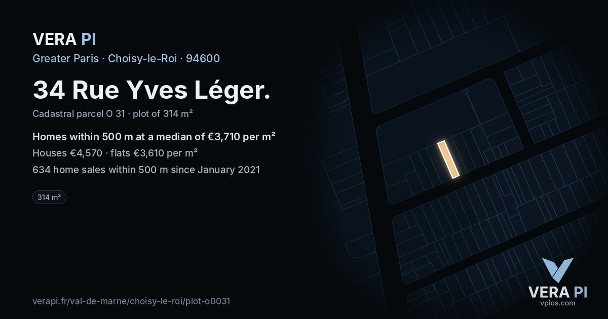 34 Rue Yves Léger, Choisy-le-Roi at night – the plot lit, the parcels around coloured by the prices near them