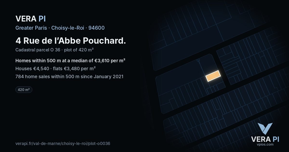 4 Rue de l’Abbe Pouchard, Choisy-le-Roi at night – the plot lit, the parcels around coloured by the prices near them