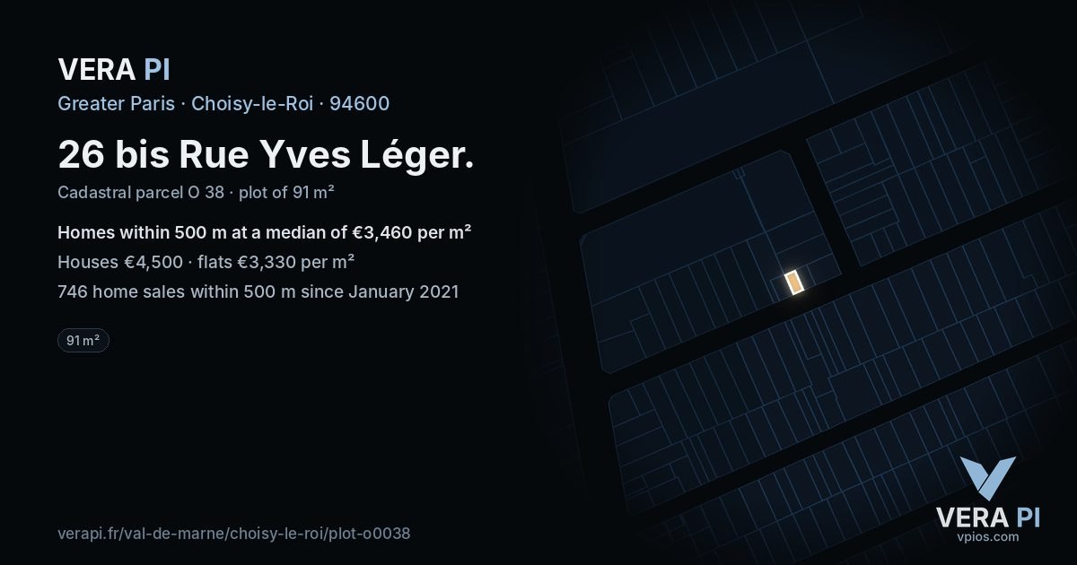 26 bis Rue Yves Léger, Choisy-le-Roi at night – the plot lit, the parcels around coloured by the prices near them