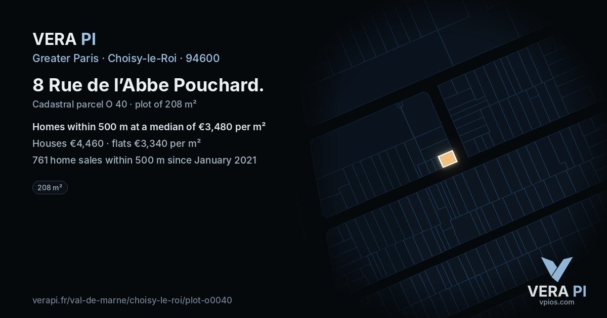 8 Rue de l’Abbe Pouchard, Choisy-le-Roi at night – the plot lit, the parcels around coloured by the prices near them