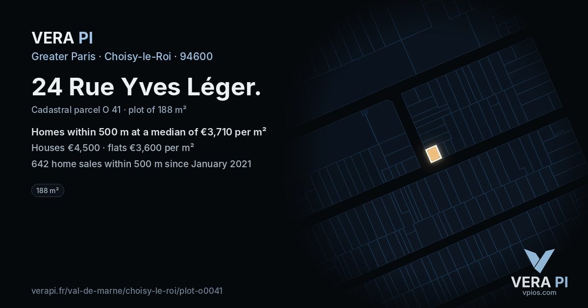 24 Rue Yves Léger, Choisy-le-Roi at night – the plot lit, the parcels around coloured by the prices near them