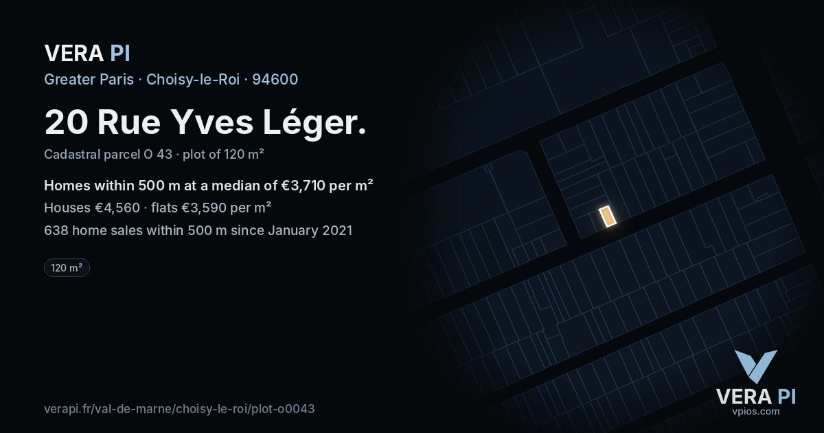 20 Rue Yves Léger, Choisy-le-Roi at night – the plot lit, the parcels around coloured by the prices near them