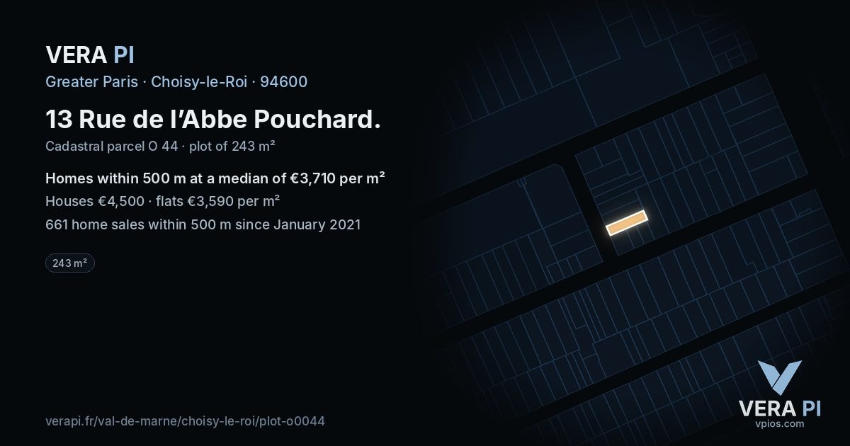 13 Rue de l’Abbe Pouchard, Choisy-le-Roi at night – the plot lit, the parcels around coloured by the prices near them