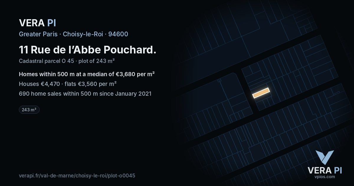 11 Rue de l’Abbe Pouchard, Choisy-le-Roi at night – the plot lit, the parcels around coloured by the prices near them
