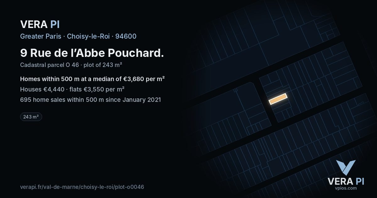 9 Rue de l’Abbe Pouchard, Choisy-le-Roi at night – the plot lit, the parcels around coloured by the prices near them