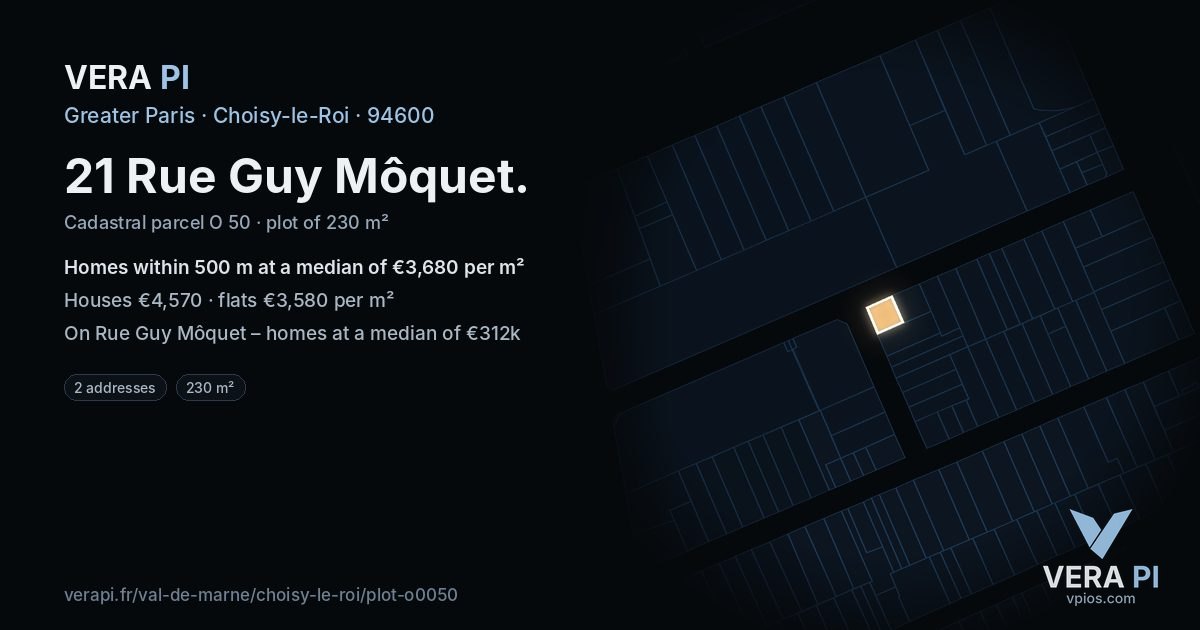 21 Rue Guy Môquet, Choisy-le-Roi at night – the plot lit, the parcels around coloured by the prices near them