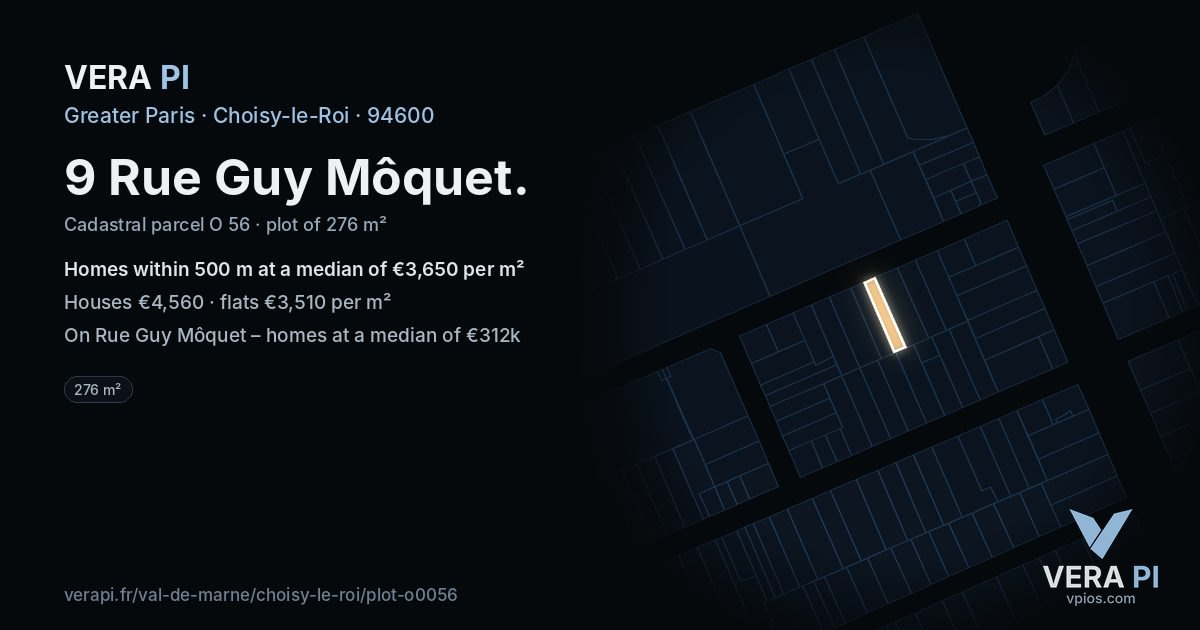 9 Rue Guy Môquet, Choisy-le-Roi at night – the plot lit, the parcels around coloured by the prices near them