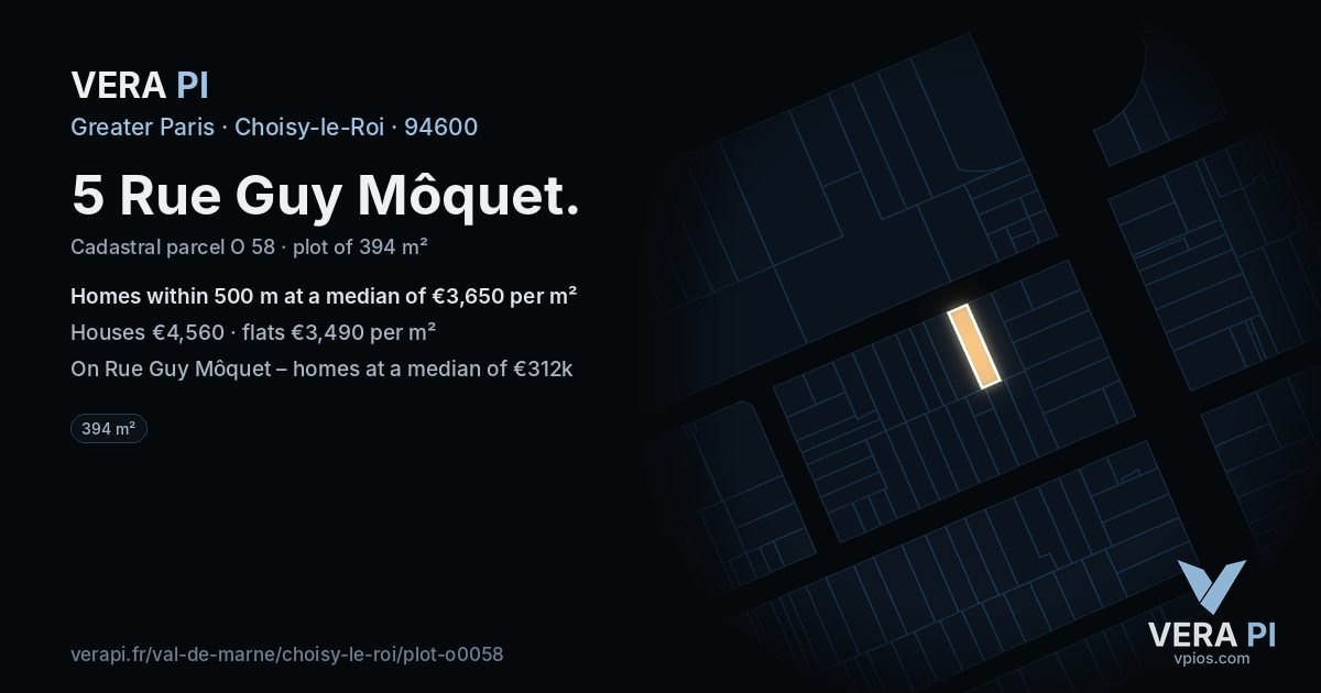 5 Rue Guy Môquet, Choisy-le-Roi at night – the plot lit, the parcels around coloured by the prices near them