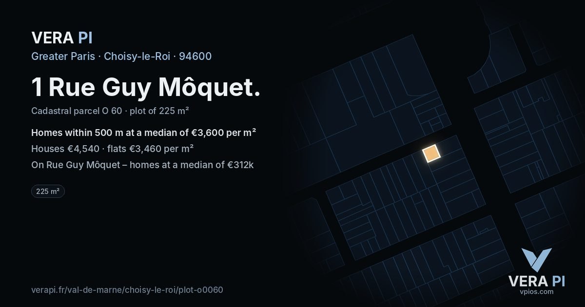 1 Rue Guy Môquet, Choisy-le-Roi at night – the plot lit, the parcels around coloured by the prices near them