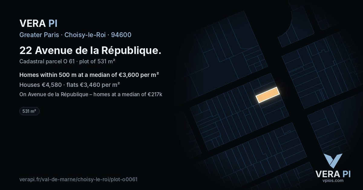 22 Avenue de la République, Choisy-le-Roi at night – the plot lit, the parcels around coloured by the prices near them