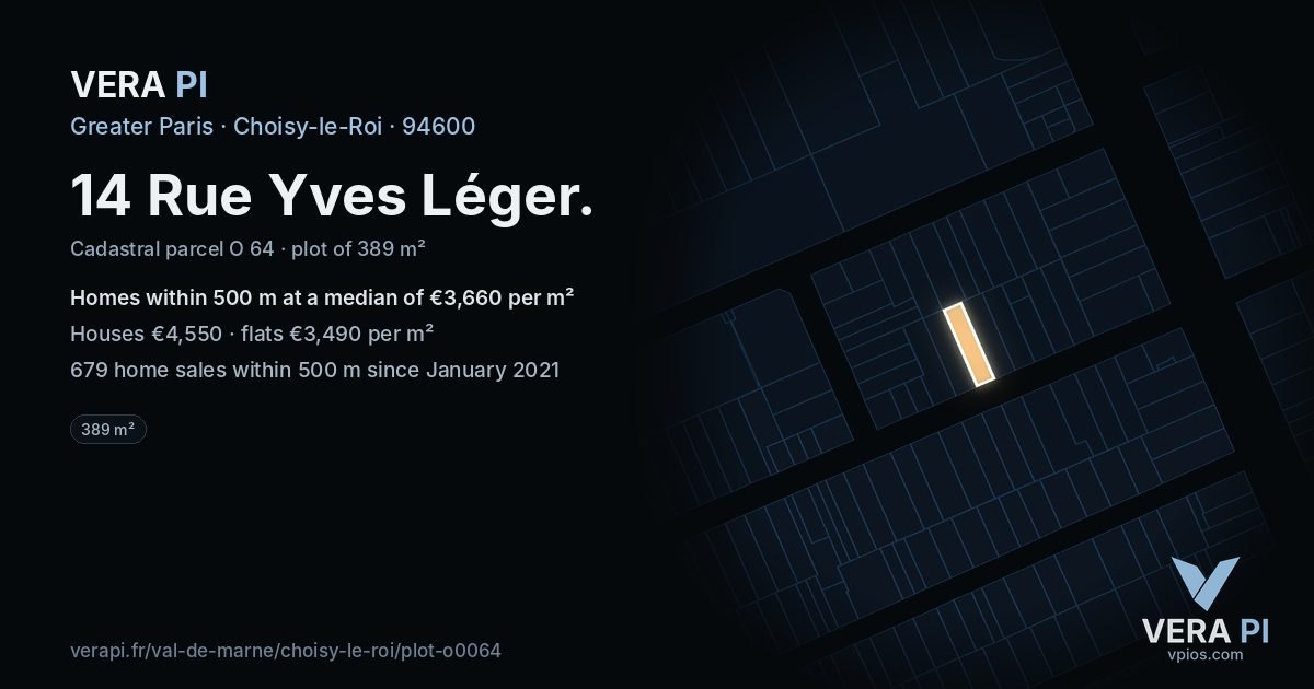 14 Rue Yves Léger, Choisy-le-Roi at night – the plot lit, the parcels around coloured by the prices near them