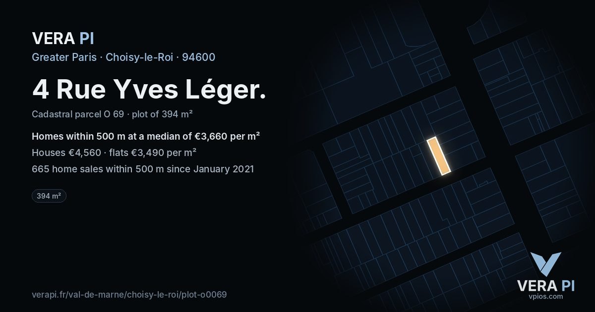 4 Rue Yves Léger, Choisy-le-Roi at night – the plot lit, the parcels around coloured by the prices near them