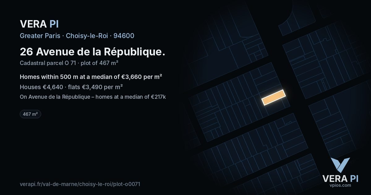 26 Avenue de la République, Choisy-le-Roi at night – the plot lit, the parcels around coloured by the prices near them