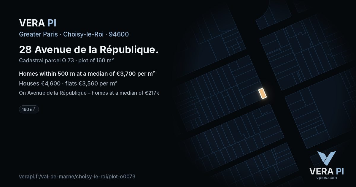 28 Avenue de la République, Choisy-le-Roi at night – the plot lit, the parcels around coloured by the prices near them