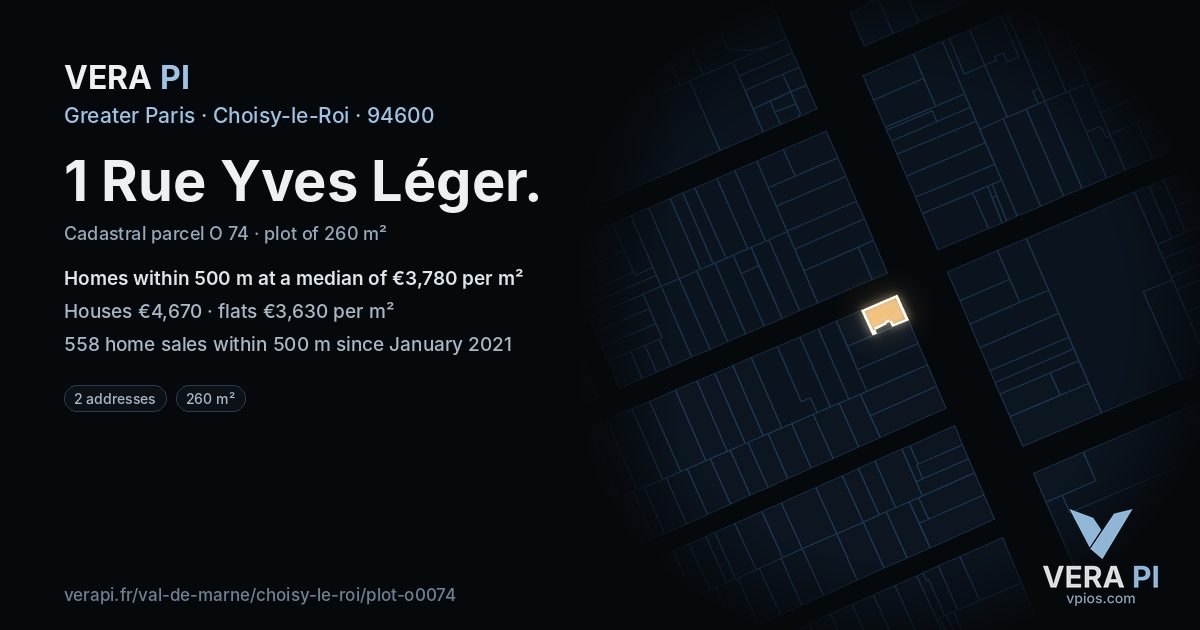 1 Rue Yves Léger, Choisy-le-Roi at night – the plot lit, the parcels around coloured by the prices near them