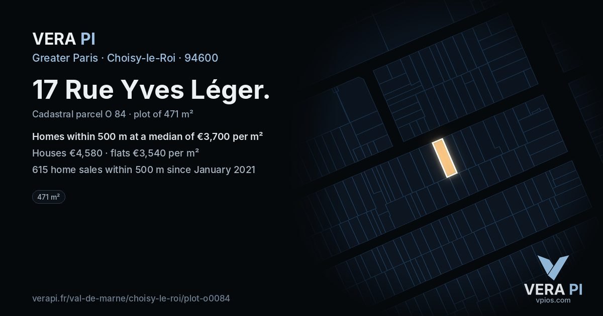 17 Rue Yves Léger, Choisy-le-Roi at night – the plot lit, the parcels around coloured by the prices near them