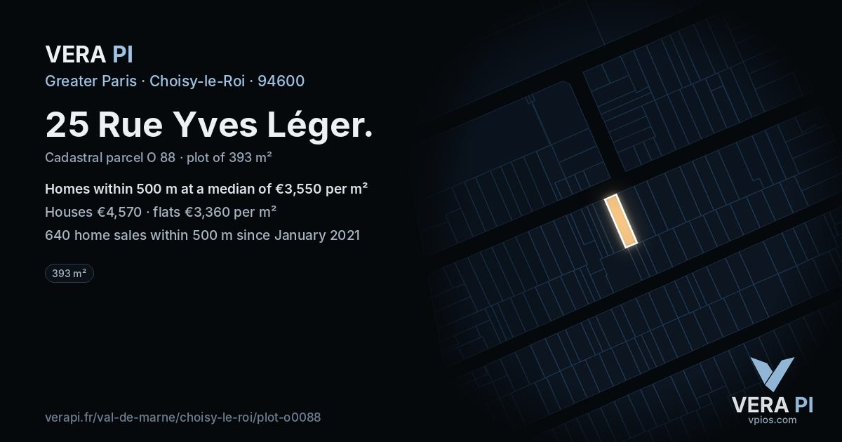 25 Rue Yves Léger, Choisy-le-Roi at night – the plot lit, the parcels around coloured by the prices near them