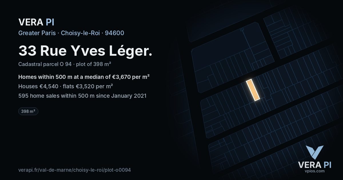 33 Rue Yves Léger, Choisy-le-Roi at night – the plot lit, the parcels around coloured by the prices near them