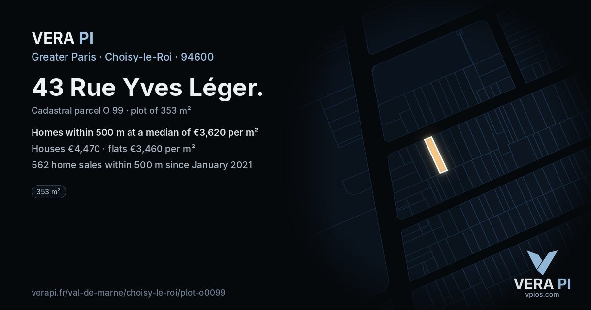 43 Rue Yves Léger, Choisy-le-Roi at night – the plot lit, the parcels around coloured by the prices near them
