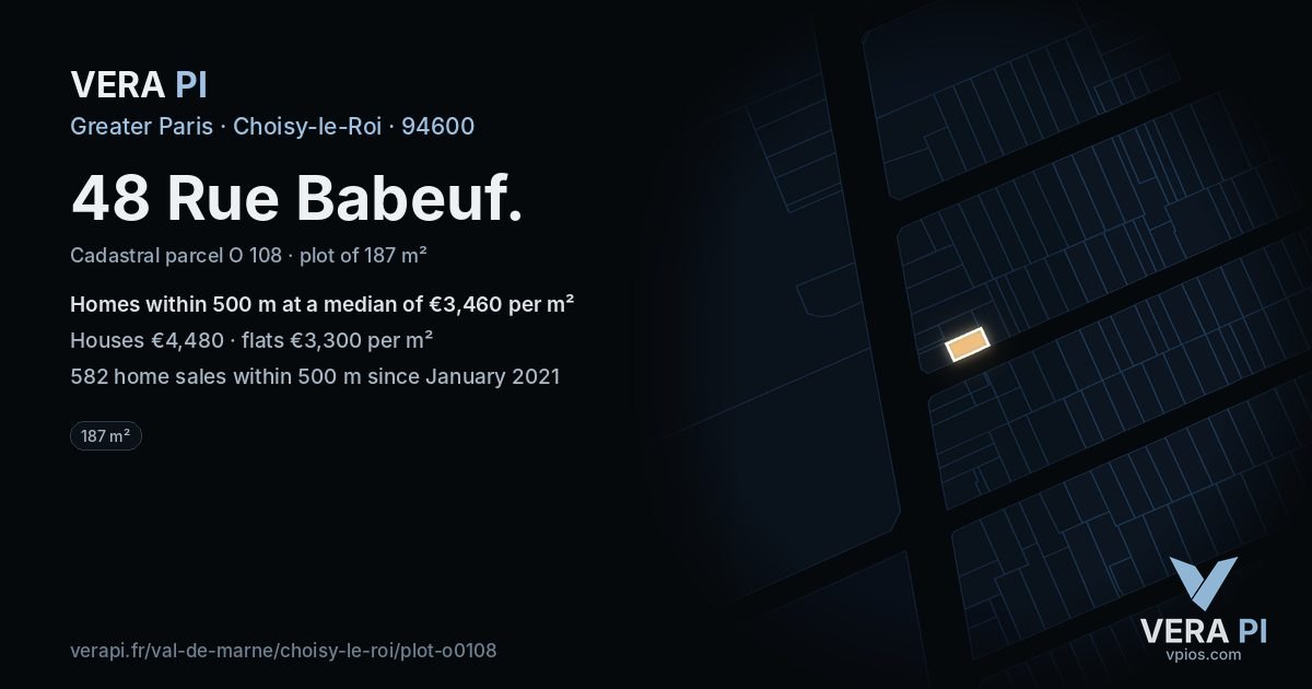 48 Rue Babeuf, Choisy-le-Roi at night – the plot lit, the parcels around coloured by the prices near them