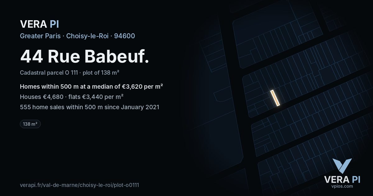 44 Rue Babeuf, Choisy-le-Roi at night – the plot lit, the parcels around coloured by the prices near them