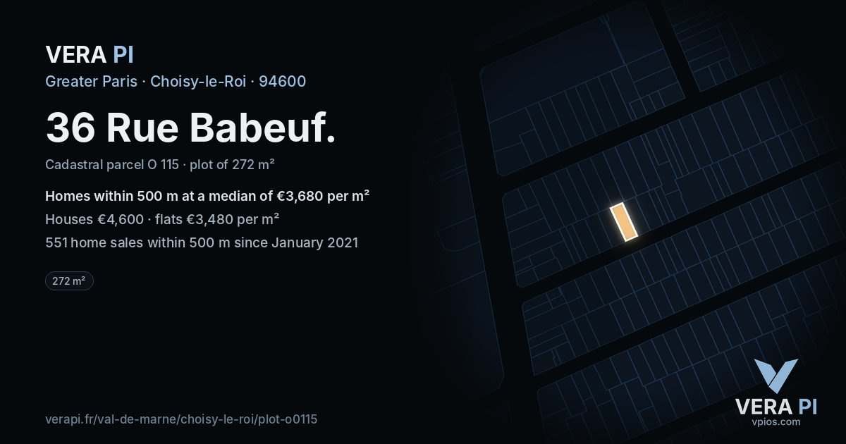 36 Rue Babeuf, Choisy-le-Roi at night – the plot lit, the parcels around coloured by the prices near them
