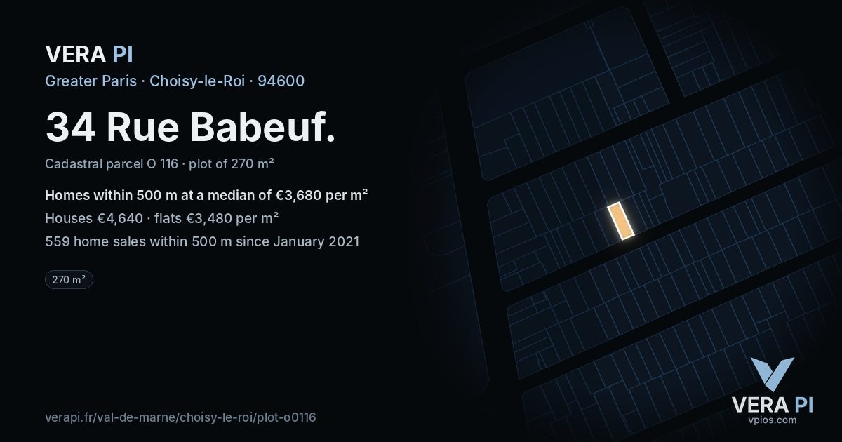 34 Rue Babeuf, Choisy-le-Roi at night – the plot lit, the parcels around coloured by the prices near them