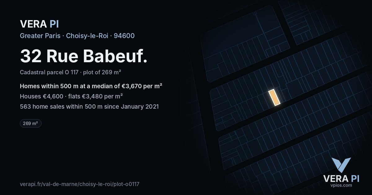 32 Rue Babeuf, Choisy-le-Roi at night – the plot lit, the parcels around coloured by the prices near them