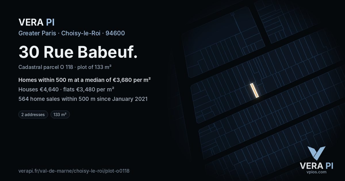 30 Rue Babeuf, Choisy-le-Roi at night – the plot lit, the parcels around coloured by the prices near them