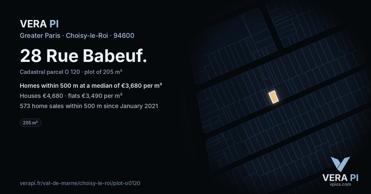 28 Rue Babeuf, Choisy-le-Roi at night – the plot lit, the parcels around coloured by the prices near them