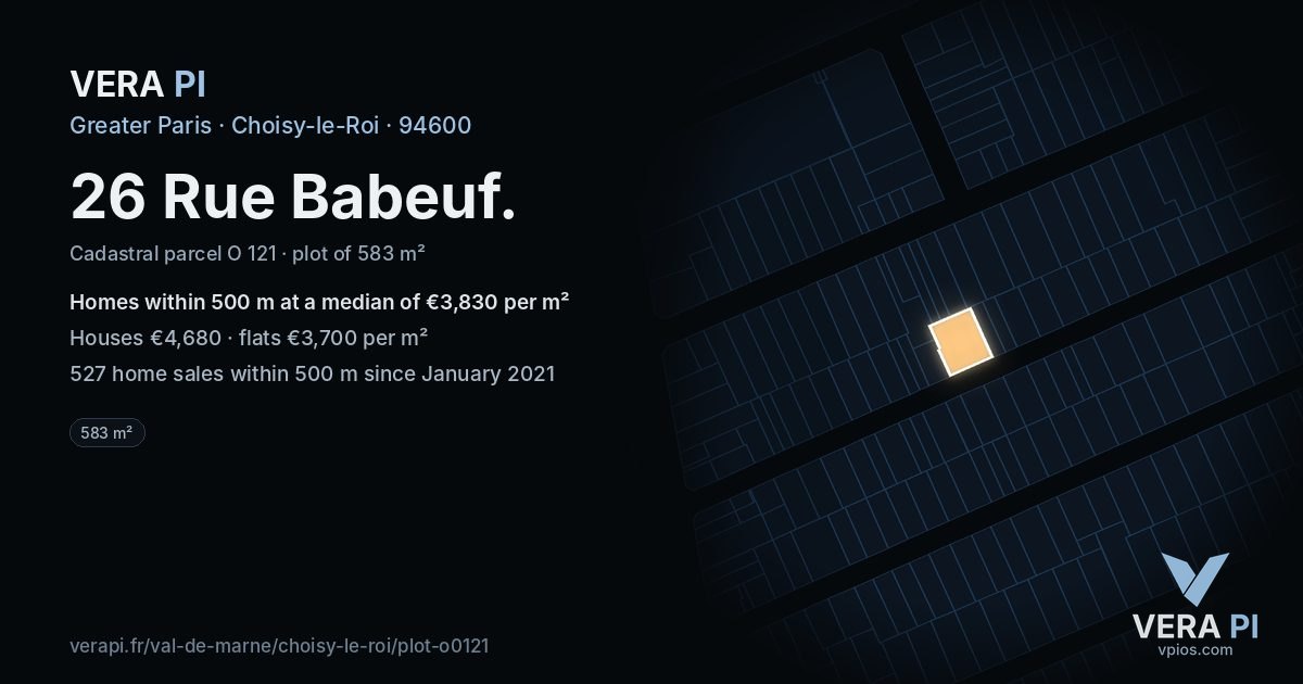 26 Rue Babeuf, Choisy-le-Roi at night – the plot lit, the parcels around coloured by the prices near them
