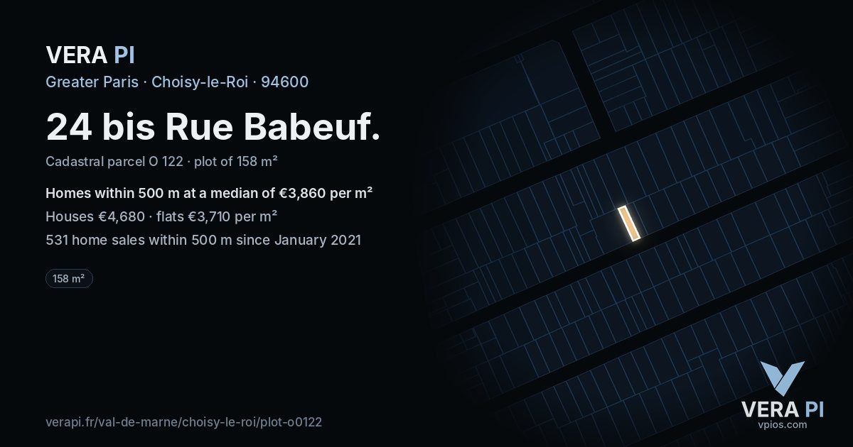 24 bis Rue Babeuf, Choisy-le-Roi at night – the plot lit, the parcels around coloured by the prices near them
