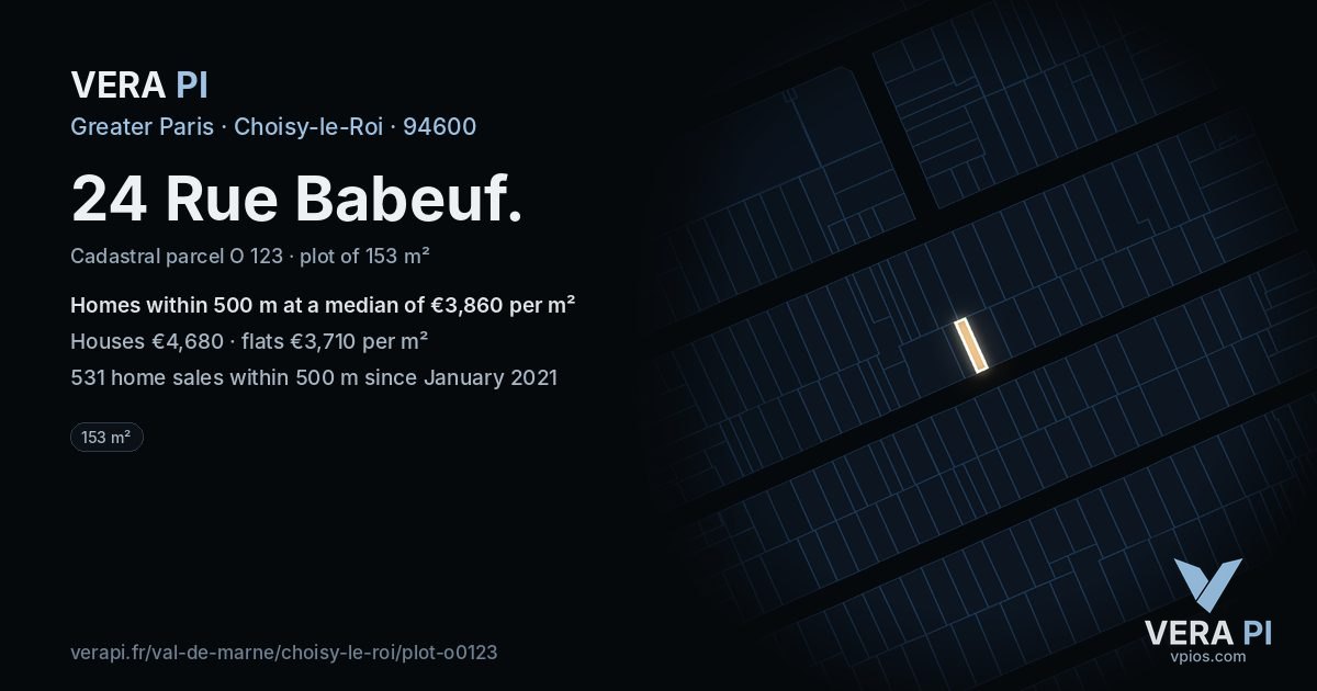 24 Rue Babeuf, Choisy-le-Roi at night – the plot lit, the parcels around coloured by the prices near them