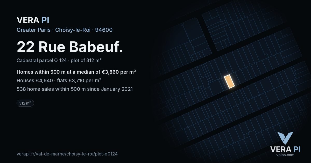 22 Rue Babeuf, Choisy-le-Roi at night – the plot lit, the parcels around coloured by the prices near them