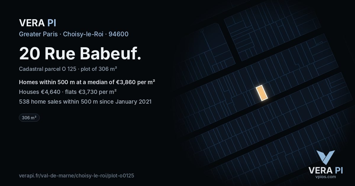 20 Rue Babeuf, Choisy-le-Roi at night – the plot lit, the parcels around coloured by the prices near them