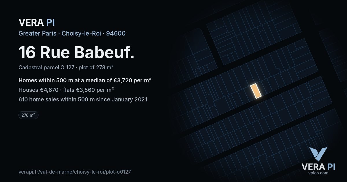 16 Rue Babeuf, Choisy-le-Roi at night – the plot lit, the parcels around coloured by the prices near them