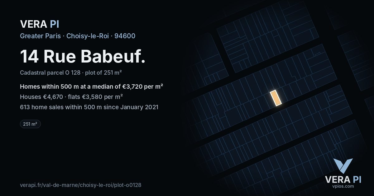 14 Rue Babeuf, Choisy-le-Roi at night – the plot lit, the parcels around coloured by the prices near them